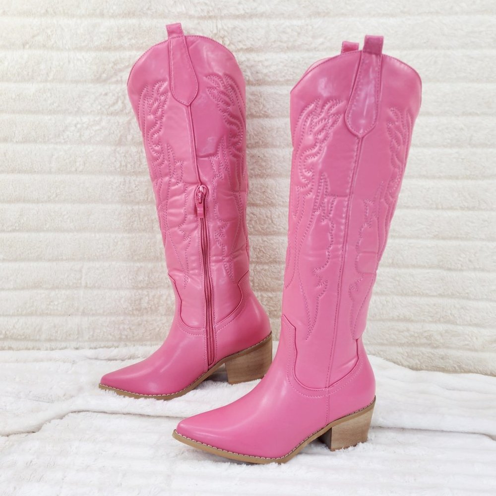 Mata Shoes Pink Western Knee-High Heeled Boots - Picture 4 of 9